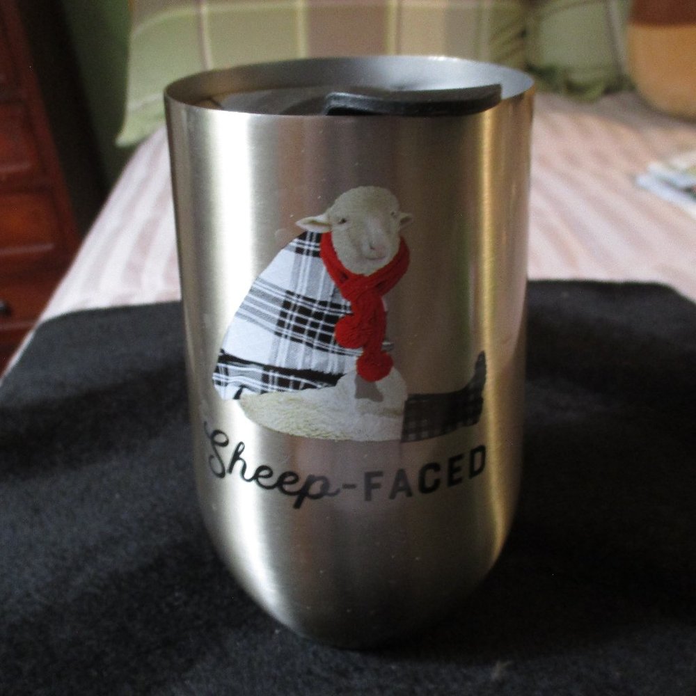 Stainless Steel Hipster Wine Tumbler Red Shed Sheep Faced w/Lid